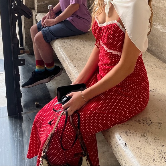Red Polka Dot Maxi Slip Dress with White Lace Trim - Picture 7 of 7